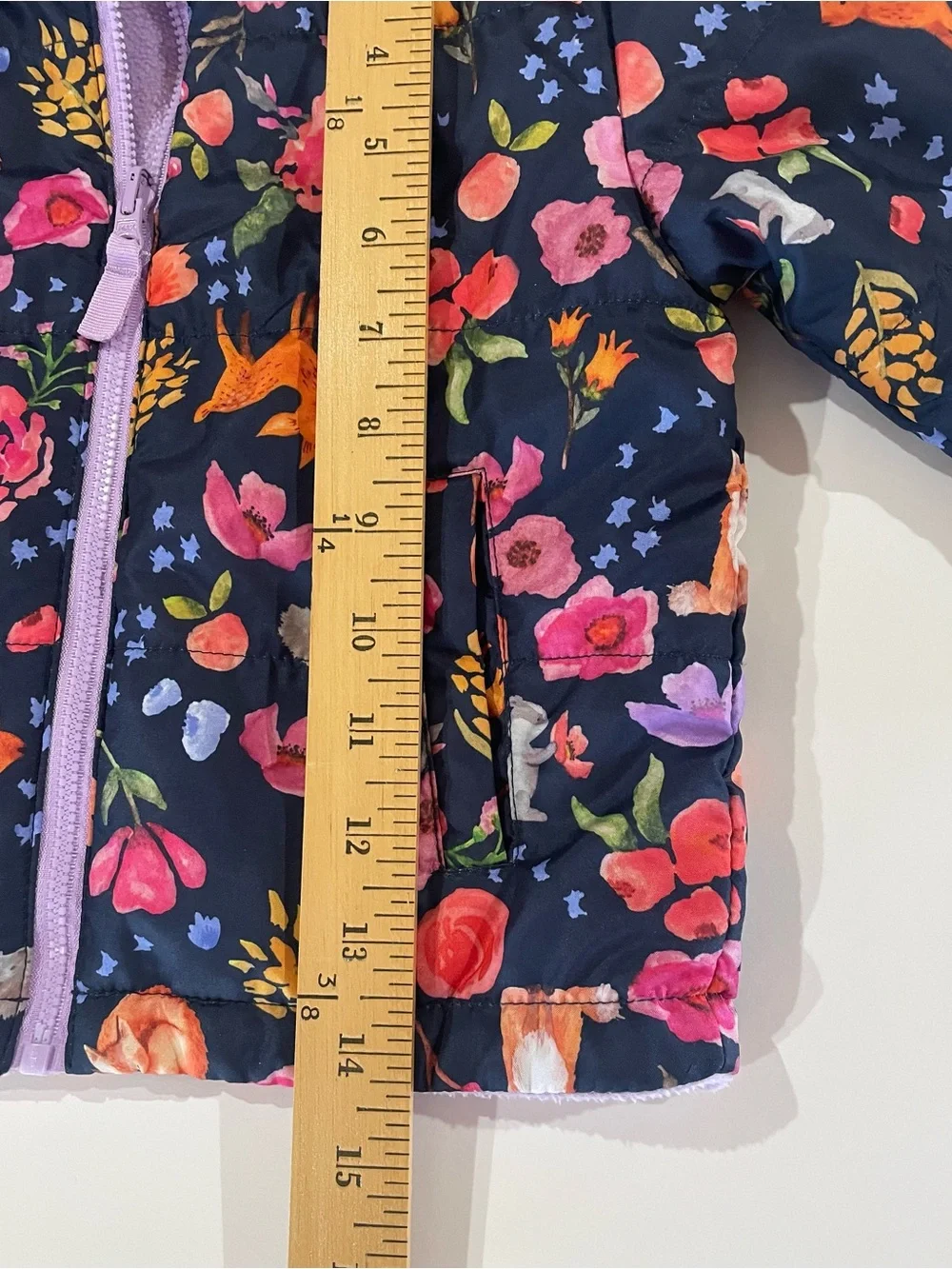 Girls 2T Floral & Fox Navy Zip Puffer Jacket with Lavender Lining